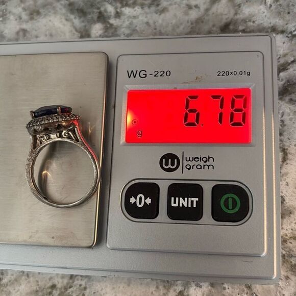 925 Sterling silver Large Dark blue Sapphire & Pave CZ 14mmx12mm,6.78g ring Sz 9 - Picture 10 of 10